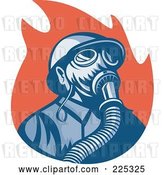 Vector Clip Art of Retro Firefighter Wearing a Gas Mask over Red Flames by Patrimonio