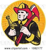 Vector Clip Art of Retro Firefighter with an Axe and Hose over Orange Rays by Patrimonio