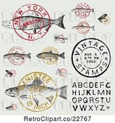Vector Clip Art of Retro Fish Postmark Stamps and Alphabet Design Elements by BestVector