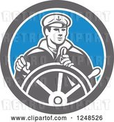 Vector Clip Art of Retro Fisher Man Ship Captain Steering a Helm by Patrimonio