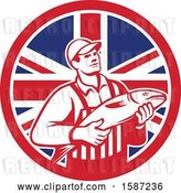 Vector Clip Art of Retro Fishmonger in a Union Jack Flag Circle by Patrimonio