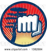 Vector Clip Art of Retro Fist Punching Outwards in a Blue Circle with a Cypress Tree and Sunset by Patrimonio