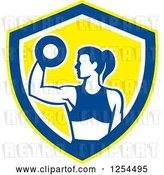 Vector Clip Art of Retro Fit Lady Doing Bicep Curls with a Dumbbell in a White Blue and Yellow Shield by Patrimonio