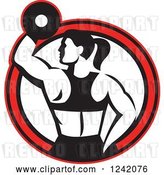 Vector Clip Art of Retro Fit Lady Working out with a Dumbbell in a Red Circle by Patrimonio
