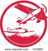 Vector Clip Art of Retro Fixed Wing Aircraft Against Mountains in a Red and White Circle by Patrimonio