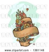 Vector Clip Art of Retro Floating Steampunk Island with a Ribbon Banner and Hot Air Balloon by BNP Design Studio