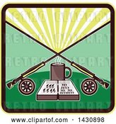 Vector Clip Art of Retro Fly Box and Coffee Mug Under Crossed Fishing Rods in a Sunrise Square by Patrimonio