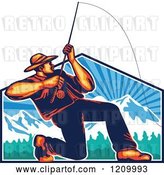 Vector Clip Art of Retro Fly Fisher Man Casting and Reeling over Mountains by Patrimonio