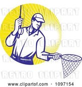 Vector Clip Art of Retro Fly Fisher Man Holding out a Fishing Net over a Circle of Sun Rays by Patrimonio