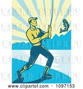Vector Clip Art of Retro Fly Fisher Man Reeling in a Largemouth Bass on a Beach by Patrimonio