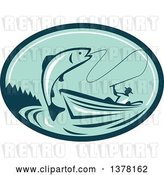 Vector Clip Art of Retro Fly Fisher Man Reeling in a Trout or Salmon Fish from a Boat in a Teal and Green Oval by Patrimonio
