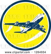 Vector Clip Art of Retro Flying Airplane Inside a Yellow Blue and White Circle by Patrimonio