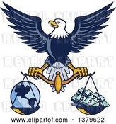 Vector Clip Art of Retro Flying American Bald Eagle Holding a Scale with Earth and Money by Patrimonio