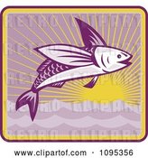 Vector Clip Art of Retro Flying Fish and Sunset by Patrimonio