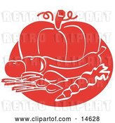Vector Clip Art of Retro Food Still Life of Beets or Radishes, a Carrot, Eggplant, Tomatoes and a Pumpkin by Andy Nortnik