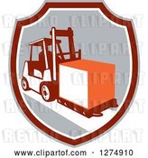 Vector Clip Art of Retro Forklift Moving a Box in a Gray Maroon and White Shield by Patrimonio