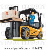 Vector Clip Art of Retro Forklift Operator Moving Boxes by Patrimonio