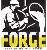 Vector Clip Art of Retro Foundry Worker Guy Pouring Molten Metal over Forge Text in Black White and Yellow by Patrimonio