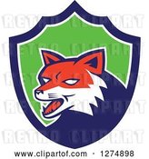 Vector Clip Art of Retro Fox Head in a Blue White and Green Shield by Patrimonio