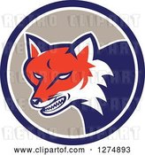 Vector Clip Art of Retro Fox Head Snarling in a Blue White and Taupe Circle by Patrimonio