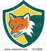 Vector Clip Art of Retro Fox Head Snarling in a Green White and Yellow Shield by Patrimonio