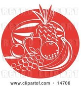 Vector Clip Art of Retro Fruit Still Life with a Watermelon, Pineapple, Apple, Orange, Lemon, Grapes and Banana Clipart Illustration by Andy Nortnik