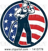 Vector Clip Art of Retro Full Length Male Welder Looking Back over His Shoulder in an American Flag Circle by Patrimonio