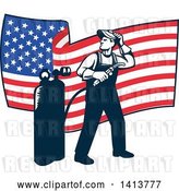 Vector Clip Art of Retro Full Length Male Welder Looking Back over His Shoulder in Front of a Wavy American Flag by Patrimonio