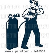Vector Clip Art of Retro Full Length Male Welder Looking Back over His Shoulder in Navy Blue by Patrimonio
