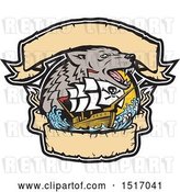 Vector Clip Art of Retro Galleon Pirate Ship with a Sea Wolf and Banners by Patrimonio