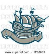 Vector Clip Art of Retro Galleon Ship with a Blank Banner Scroll by Patrimonio