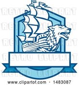 Vector Clip Art of Retro Galleon Ship with a Wolf Head Bow in a Crest by Patrimonio