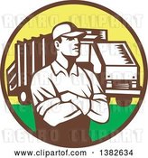Vector Clip Art of Retro Garbage Guy and Truck in a Brown Yellow and Green Circle by Patrimonio