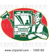 Vector Clip Art of Retro Garbage Guy and Truck over a Red Oval by Patrimonio