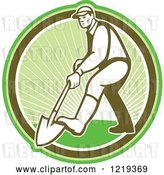 Vector Clip Art of Retro Gardener Digging with a Shovel in a Circle of Sunshine by Patrimonio