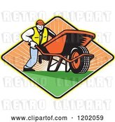Vector Clip Art of Retro Gardener Guy Pushing a Wheelbarrow in a Sunset Diamond by Patrimonio