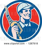 Vector Clip Art of Retro Gas Station Attendant Jockey Holding a Nozzle in a Blue White and Red Circle by Patrimonio