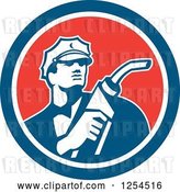 Vector Clip Art of Retro Gas Station Attendant Jockey Holding a Nozzle in a Red White and Blue Circle by Patrimonio