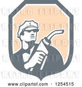 Vector Clip Art of Retro Gas Station Attendant Jockey Holding a Nozzle in a Shield by Patrimonio