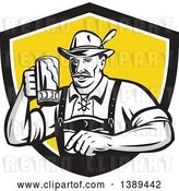 Vector Clip Art of Retro German Guy Wearing Lederhosen and Raising a Beer Mug for a Toast, Emerging from a Black White and Yellow Shield by Patrimonio