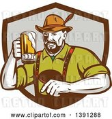 Vector Clip Art of Retro German Guy Wearing Lederhosen and Raising a Beer Mug for a Toast, Emerging from a Brown and Gray Shield by Patrimonio