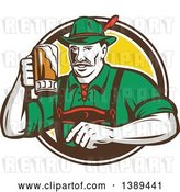 Vector Clip Art of Retro German Guy Wearing Lederhosen and Raising a Beer Mug for a Toast, Emerging from a White Brown and Yellow Circle by Patrimonio