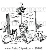 Vector Clip Art of Retro Girl and Cat Reading a Giant Book by Prawny Vintage