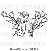Vector Clip Art of Retro Girl Holding Tulip Flowers in by Picsburg