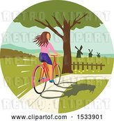 Vector Clip Art of Retro Girl Looking Back While Riding a Bike on a Path by Patrimonio