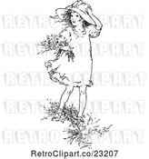 Vector Clip Art of Retro Girl Picking Flowers in the Wind by Prawny Vintage