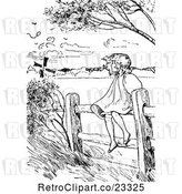 Vector Clip Art of Retro Girl Sitting on a Country Fence on a Windy Day by Prawny Vintage