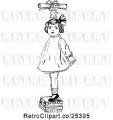 Vector Clip Art of Retro Girl Standing on Books and Reaching for a Certificate by Prawny Vintage