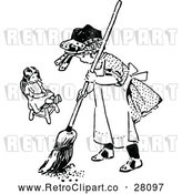Vector Clip Art of Retro Girl Sweeping by Her Doll by Prawny Vintage
