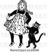 Vector Clip Art of Retro Girl Walking with Her Cat by Prawny Vintage
